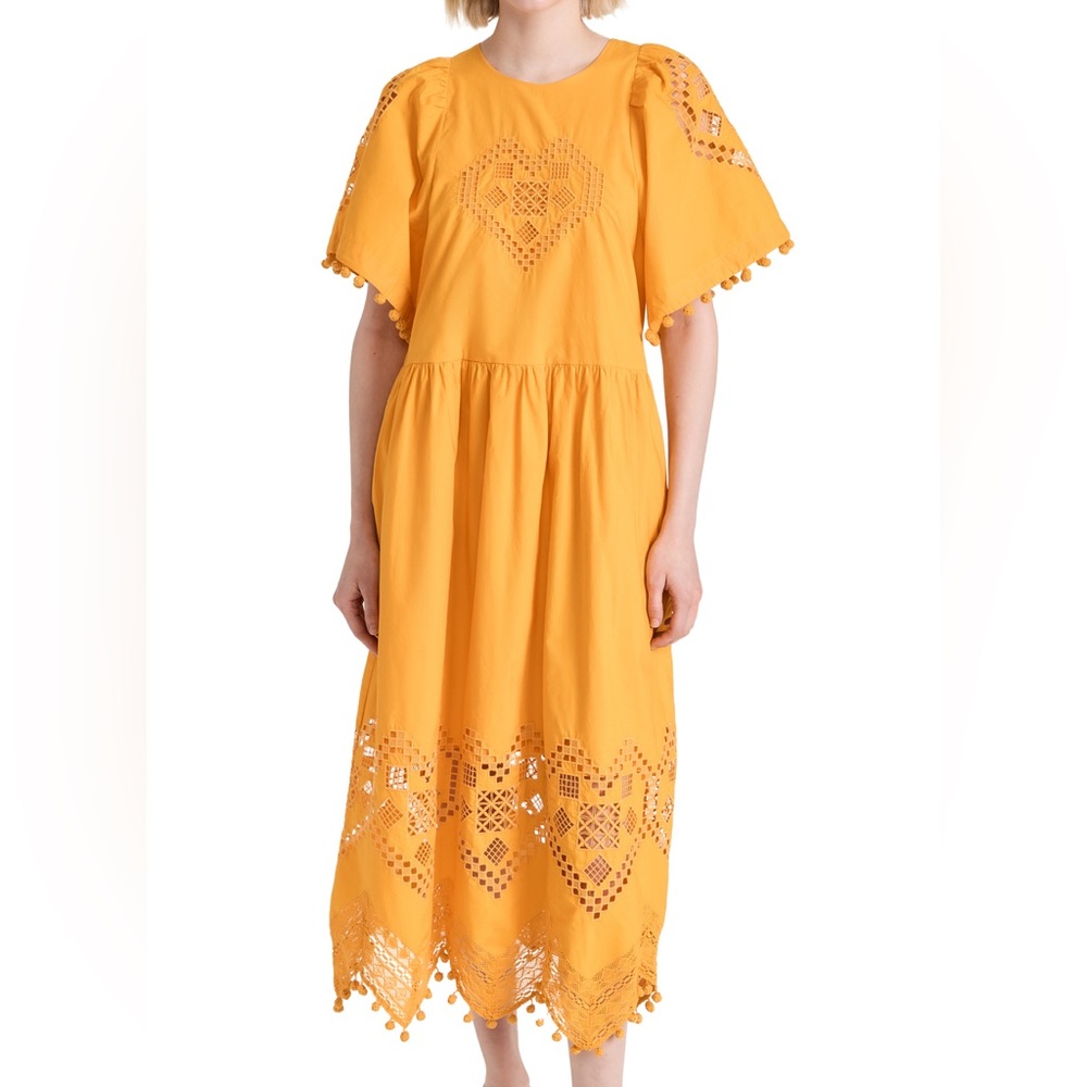$575 NWT Rhode Claude Cotton Dress in Mango Heart Eyelet Sz X-Small